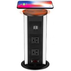 Link2Home Automatic Pop Up with 10W Induction Wireless Charger, 2 Power Outlets 15A, 2 USB Ports 3.4A, Splash Resistant, Black Anodized Finish, for Kitchen Counter Island, Office Table and Workshop