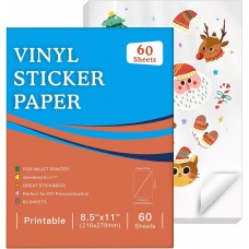 60 Sheets Premium Printable Vinyl Sticker Paper for Inkjet Printer - Glossy White 8.5x11 Waterproof Sticker Paper, Dries Quickly Vivid Colors, Holds Ink Well - Tear Resistant
